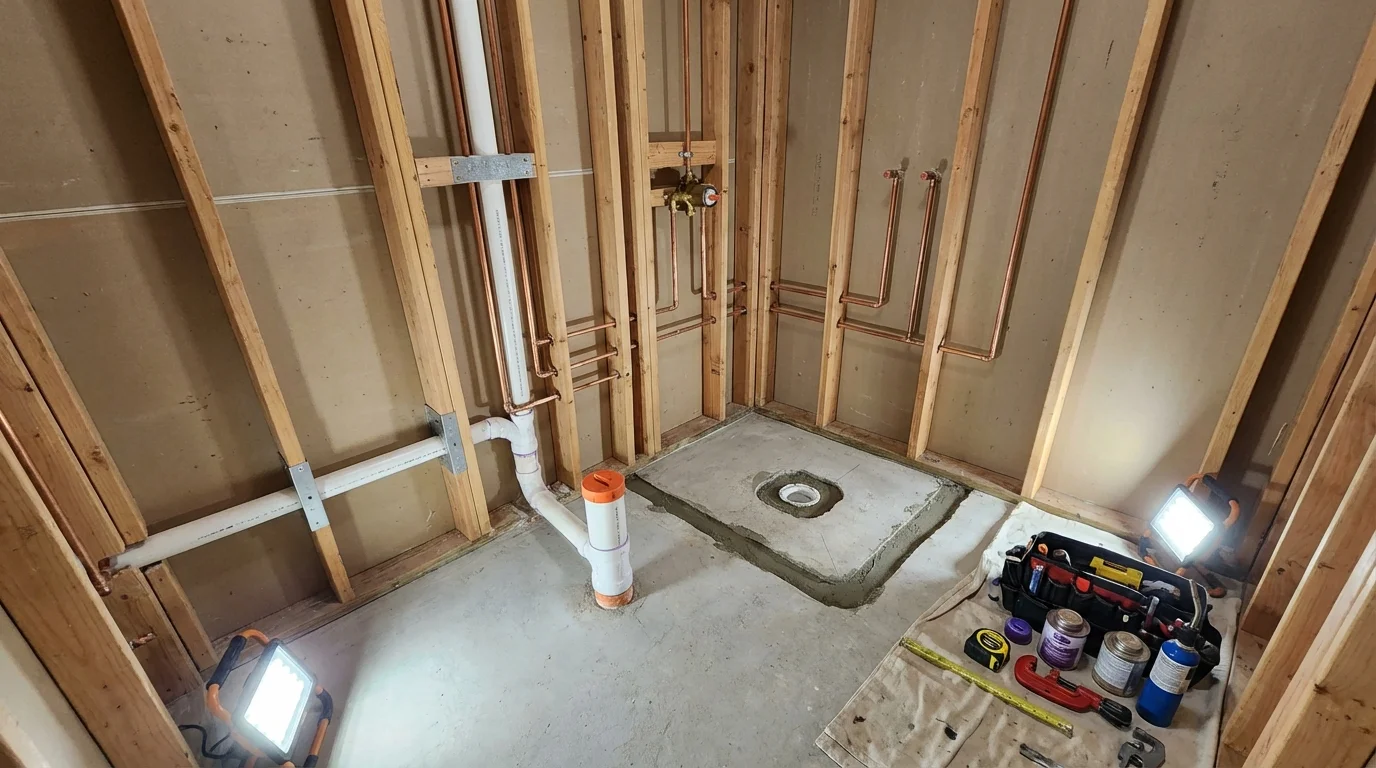 Bathroom rough-in plumbing during remodel by Johns Plumbing LLC in Daniels