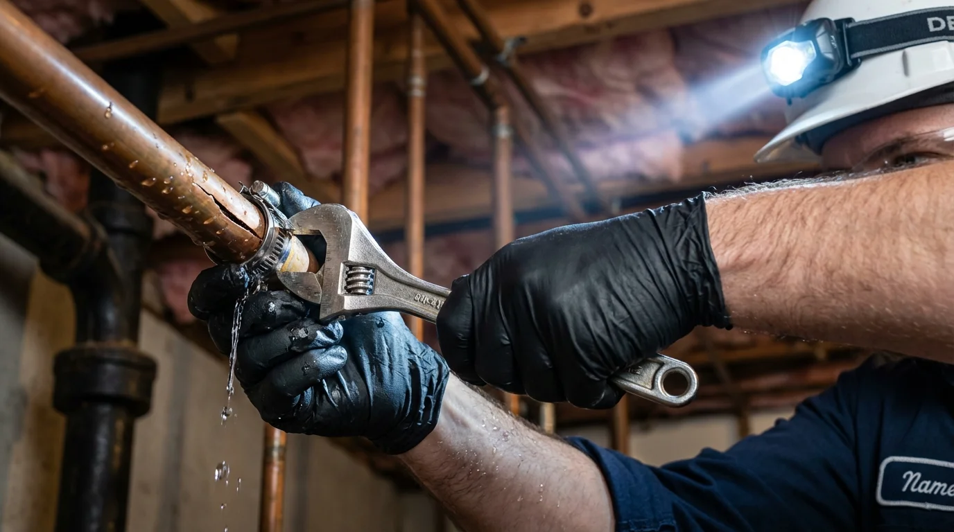Emergency pipe clamp repair being performed by a Johns Plumbing LLC plumber in Daniels