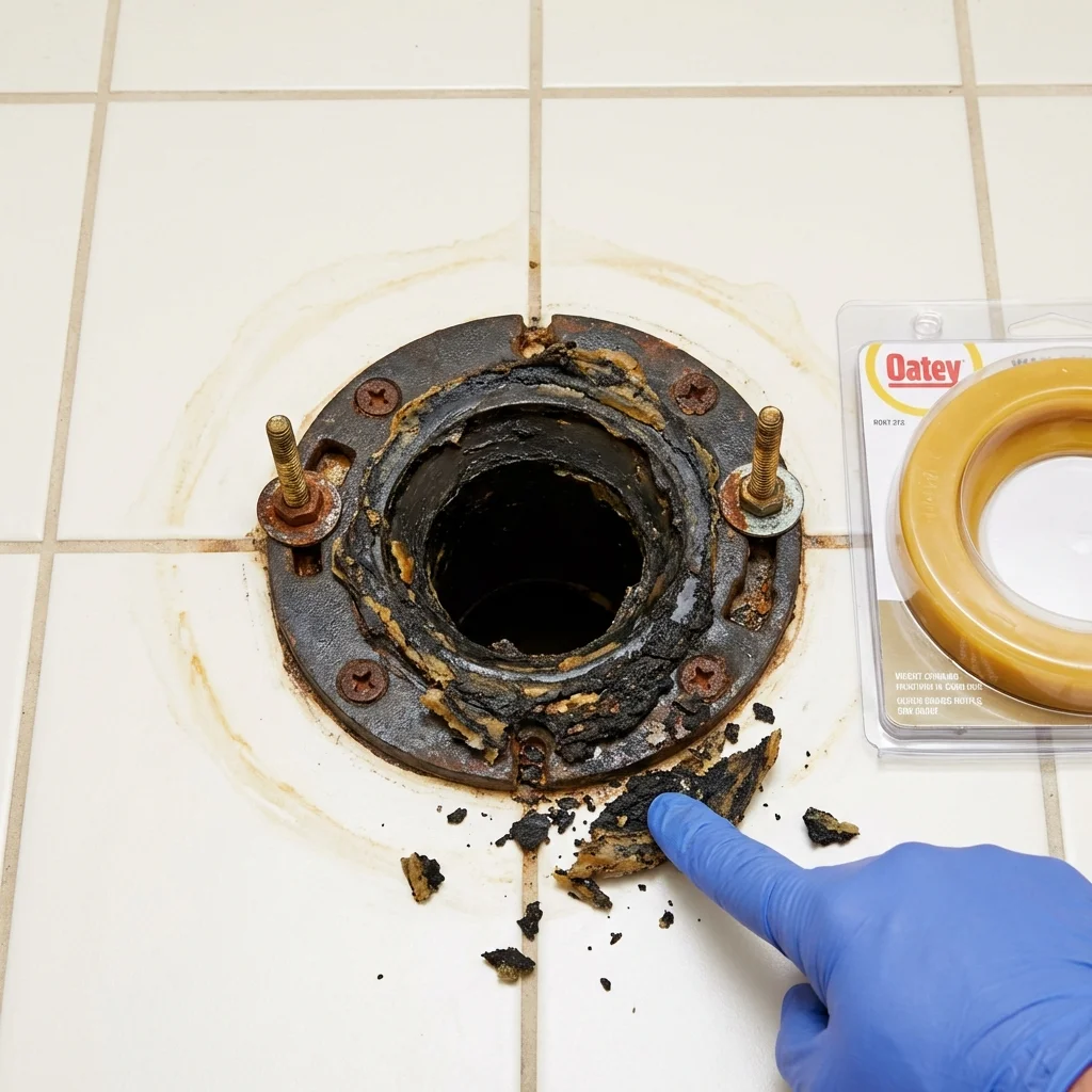 Failed wax ring showing water seepage at the base of a toilet in a Daniels, WV home
