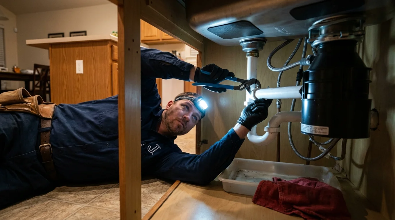 P-trap and supply line connections under a kitchen sink showing a common leak point in Daniels, WV